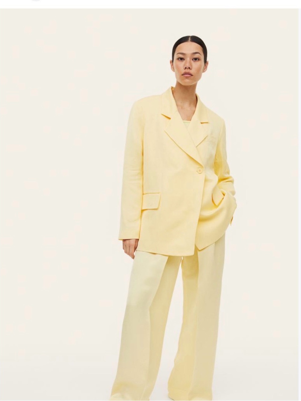 H&M Double-Breasted Linen-Blend Blazer Yellow XS